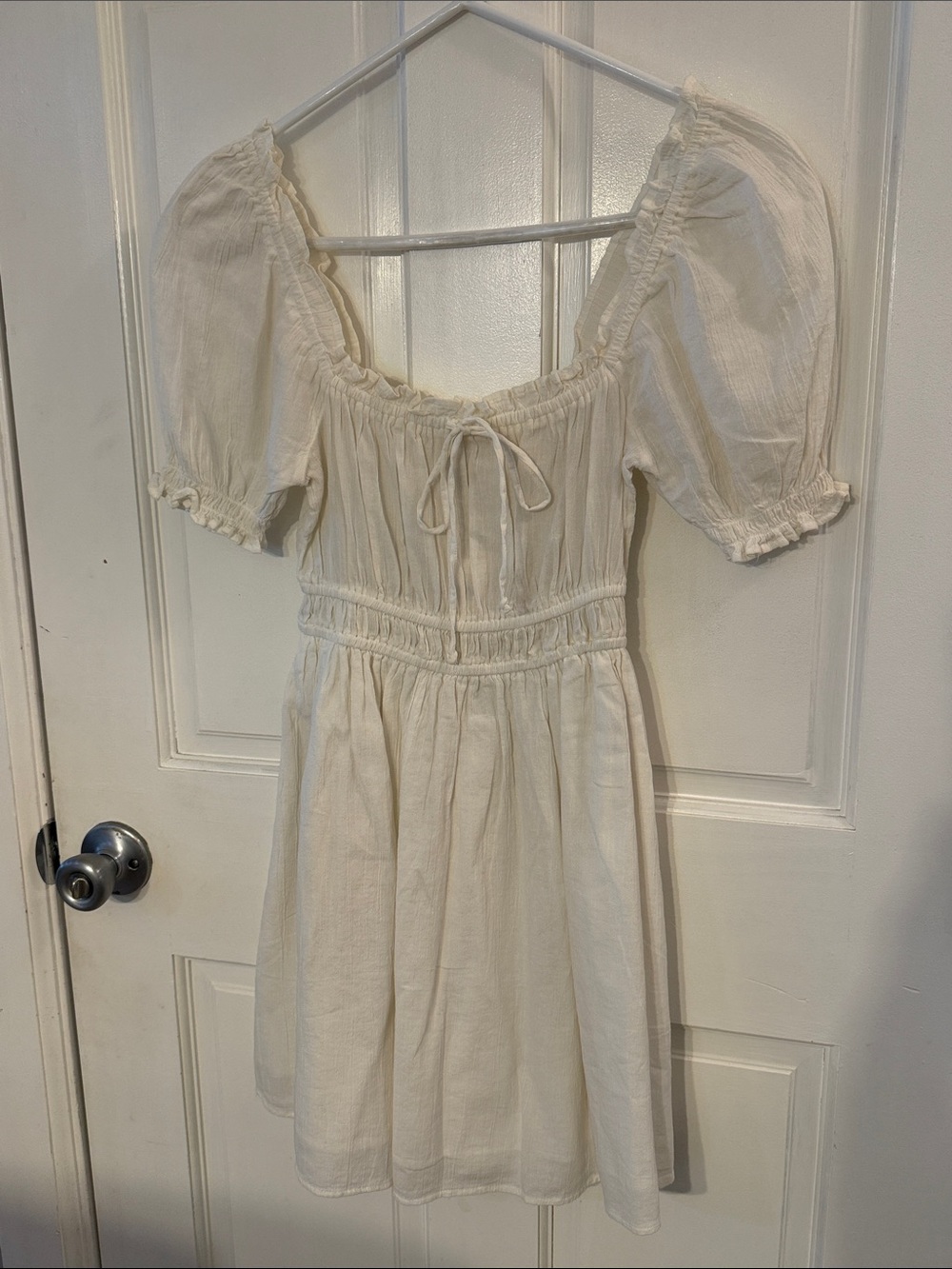 aerie Cream Square-Neck Puff Sleeve Smocked Mini Dress